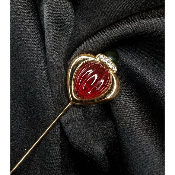 Rare Find Vintage JESARA Signed Gold-Tone Stick Pin With Red Heart & Green - Picture 2 of 5